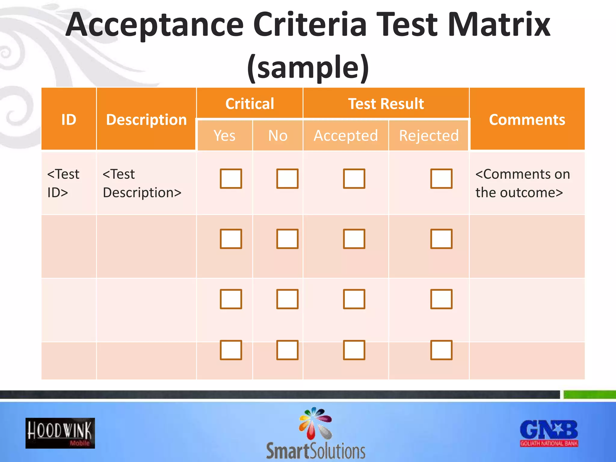 Acceptance Criteria Test Matrix
(sample)
ID Description
Critical Test Result
Comments
Yes No Accepted Rejected
<Test
ID>
<Test
Description>
<Comments on
the outcome>
 