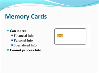 Memory Cards
Can store:
Financial Info
Personal Info
Specialized Info
Cannot process Info
 