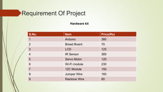 Requirement Of Project
Hardware kit
S.No. Item Price(Rs)
1 Arduino 380
2 Bread Board 70
3 LCD 125
4 IR Sensor 385
5 Servo Motor 120
6 Wi-Fi module 230
7 12C Module 150
8 Jumper Wire 160
9 Rainbow Wire 60
 