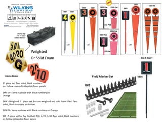 Weighted
Or Solid Foam
11 piece set. Two sided, Black numbers
on Yellow covered collapsible foam panels.
SYM-O - Same as above with Black numbers on
Orange
SYW - Weighted. 11 piece set. Bottom weighted and solid foam filled. Two
sided, Black numbers on Yellow
SYW-O - Same as above with Black numbers on Orange
SYF - 5 piece set for flag football. 2/G, 2/20, 1/40. Two sided, Black numbers
on Yellow collapsible foam panels
Field Marker Set
 