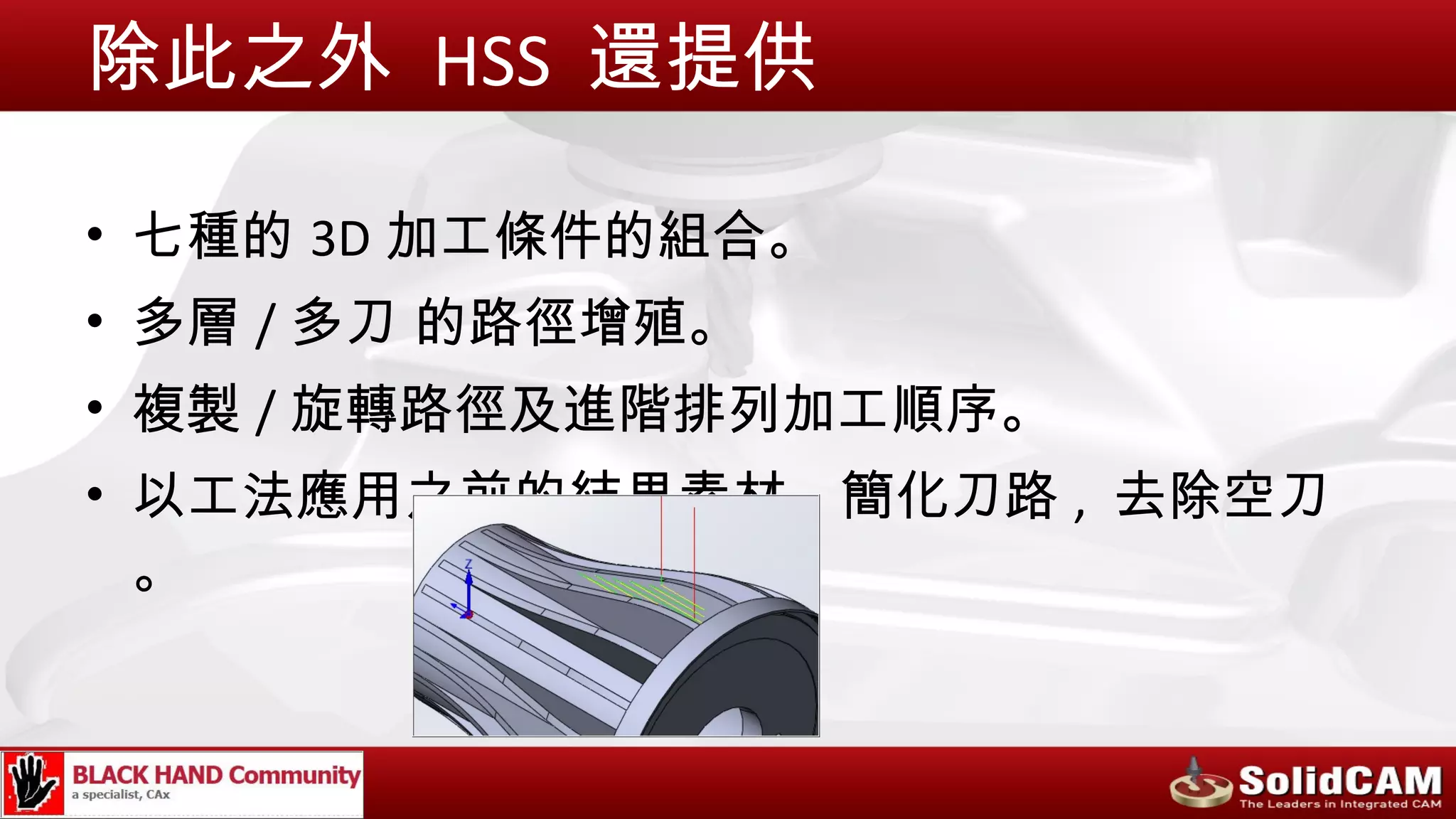 除此之外 HSS 還提供

• 七種的 3D 加工條件的組合。
• 多層 / 多刀 的路徑增殖。
• 複製 / 旋轉路徑及進階排列加工順序。
• 以工法應用之前的結果素材 , 簡化刀路 , 去除空刀
  。
 