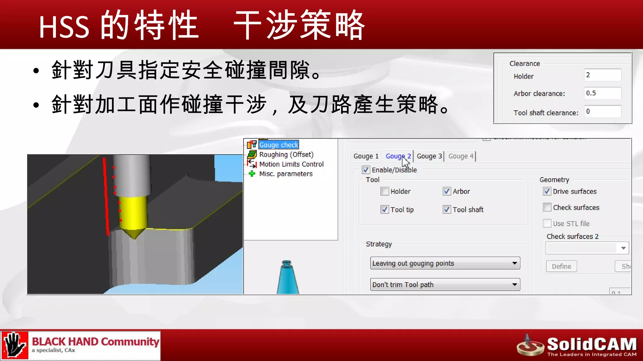 HSS 的特性 干涉策略
• 針對刀具指定安全碰撞間隙。
• 針對加工面作碰撞干涉 , 及刀路產生策略。
 