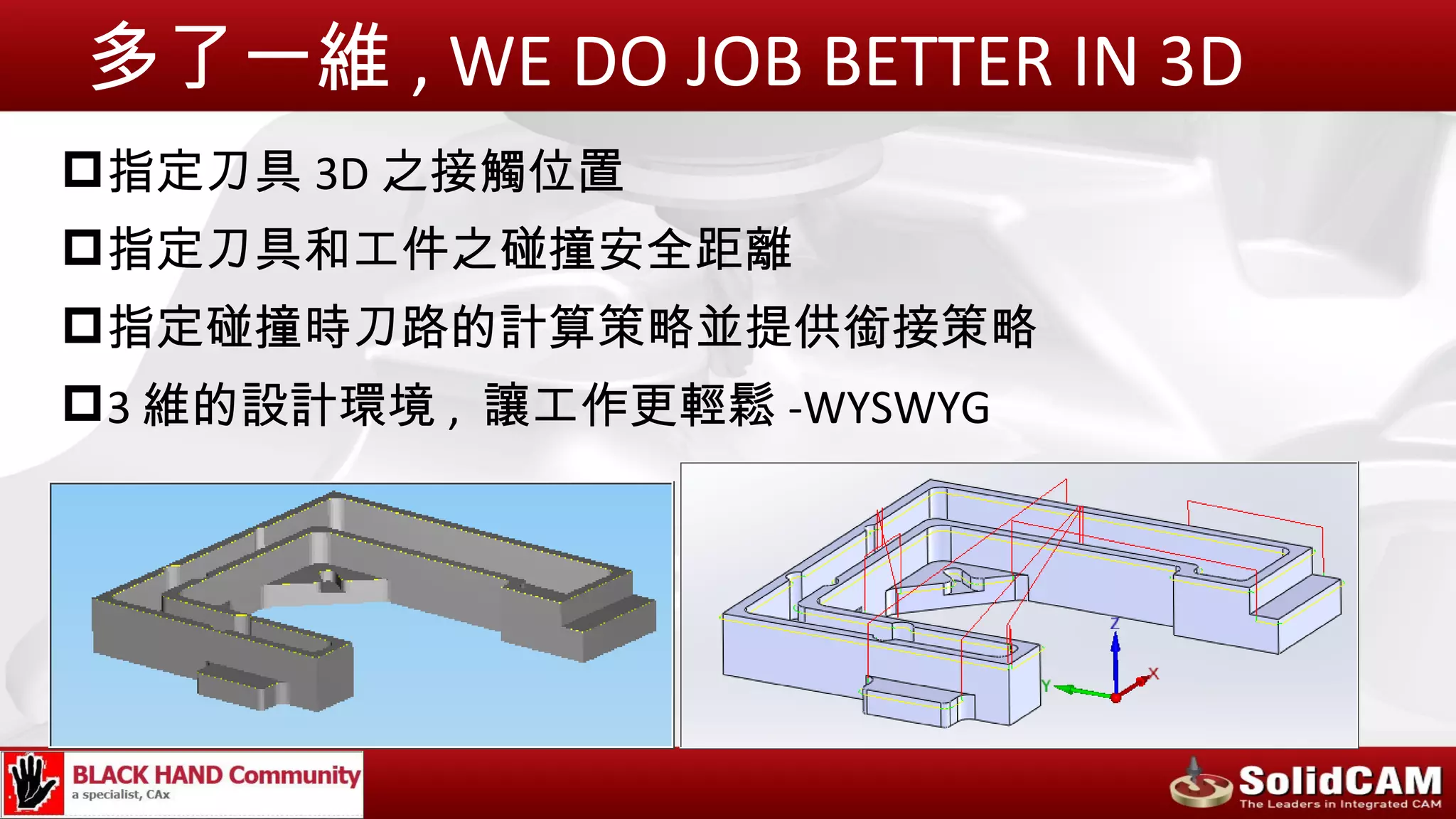 多了一維 , WE DO JOB BETTER IN 3D
指定刀具 3D 之接觸位置
指定刀具和工件之碰撞安全距離
指定碰撞時刀路的計算策略並提供銜接策略
3 維的設計環境 , 讓工作更輕鬆 -WYSWYG
 