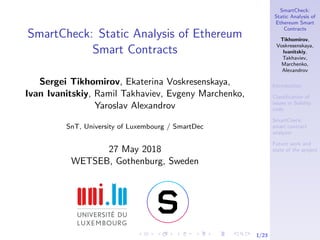 SmartCheck:
Static Analysis of
Ethereum Smart
Contracts
Tikhomirov,
Voskresenskaya,
Ivanitskiy,
Takhaviev,
Marchenko,
Alexandrov
Introduction
Classiﬁcation of
issues in Solidity
code
SmartCheck:
smart contract
analyzer
Future work and
state of the project
1/23
SmartCheck: Static Analysis of Ethereum
Smart Contracts
Sergei Tikhomirov, Ekaterina Voskresenskaya,
Ivan Ivanitskiy, Ramil Takhaviev, Evgeny Marchenko,
Yaroslav Alexandrov
SnT, University of Luxembourg / SmartDec
27 May 2018
WETSEB, Gothenburg, Sweden
 