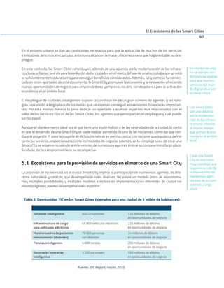 En el entorno urbano se dan las condiciones necesarias para que la aplicación de muchos de los servicios
e iniciativas descritos en capítulos anteriores alcancen la masa crítica necesaria que haga rentable su des-
pliegue.
En este contexto, las Smart Cities constituyen, además de una apuesta por la modernización de las infraes-
tructuras urbanas, una vía para la evolución de las ciudades en el marco del uso de una tecnología que ya está
lo suﬁcientemente madura como para conseguir beneﬁcios considerables. Además, tal y como se ha comen-
tado en otros apartados de este documento, la Smart City promueve la economía y la innovación ofreciendo
nuevas oportunidades de negocio para emprendedores y empresas locales, siendo palanca para la activación
económica en el ámbito local.
El despliegue de ciudades inteligentes supone la coordinación de un gran número de agentes y tecnolo-
gías, una visión a largo plazo de las metas que se esperan conseguir e inversiones financieras importan-
tes. Por este motivo merece la pena dedicar un apartado a analizar aspectos más relacionados con el
valor de los servicios típicos de las Smart Cities, los agentes que participan en el despliegue y cuál puede
ser su papel.
Aunque el planteamiento ideal sea el que tiene una visión holística de las necesidades de la ciudad, lo cierto
es que el desarrollo de una Smart City se suele realizar partiendo de una de las iniciativas, como eje que con-
duce el proyecto. Y para la mayoría de dichas iniciativas es preciso contar con terceros que ayuden a deﬁnir
tanto los servicios proporcionados como los modelos de negocio. Además, en la compleja tarea de crear una
Smart City se requiere no solo de la intervención de numerosos agentes sino de su compromiso a largo plazo.
Sin duda, dicho compromiso tiene su recompensa.
5.1 Ecosistema para la provisión de servicios en el marco de una Smart City
La provisión de los servicios en el marco Smart City implica la participación de numerosos agentes, de dife-
rente naturaleza y carácter, que desempeñarán roles diversos. No existe un modelo único de ecosistema.
Hay múltiples posibilidades y múltiples modelos e incluso en implementaciones diferentes de ciudad los
mismos agentes pueden desempeñar roles distintos.
Tabla 8. Oportunidad TIC en las Smart Cities (ejemplos para una ciudad de 1 millón de habitantes)
Sensores inteligentes 600.00 sensores 120 millones de dólares
en oportunidades de negocio
Infraestructura de carga
para vehículos eléctricos
45.000 vehículos eléctricos 225 millones de dólares
en oportunidades de negocio
Monitorización de pacientes
remotamente (diabetes)
70.000 personas
con diabetes
14 millones de dólares
en oportunidades de negocio
Tiendas inteligentes 4.000 tiendas 200 millones de dólares
en oportunidades de negocio
Sucursales bancarias
inteligentes
3.200 sucursales 160 millones de dólares
en oportunidades de negocio
Fuente: IDC Report, marzo 2010.
El Ecosistema de las Smart Cities
67
En el entorno urba-
no se dan las con-
diciones necesarias
para que muchos
servicios del mun-
do digital alcancen
la masa crítica
Las Smart Cities
son una apuesta
por la moderniza-
ción de las infraes-
tructuras urbanas
al mismo tiempo
que activan la eco-
nomía en el ámbito
local
Crear una Smart
City es una tarea
muy compleja, que
requiere no solo de
la intervención de
numerosos agen-
tes sino de su com-
promiso a largo
plazo
Smart_cities_ladillo1.indd 67 14/10/11 13:15
 