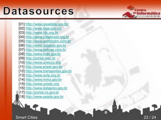 Smart Cities 23 / 24
[01] http://www.ipeadata.gov.br/
[02] http://www.ibge.gov.br/
[03] http://www.fdc.org.br
[04] http://www.tratabrasil.org.br
[05] http://www.portalodm.com.br
[06] http://www.datasus.gov.br
[07] http://www.sebrae.com.br
[08] http://www.fnde.gov.br
[09] http://portal.mec.br
[10] http://www.unesco.org
[11] http://www.aneel.gov.br
[12] http://www.transportes.gov.br
[13] http://www.antp.org.br
[14] http://www.mma.gov.br
[15] http://www.unodc.org
[16] http://www.dataprev.gov.br
[17] http://portal.mj.gov.br
[18] http://www.seade.gov.br
 