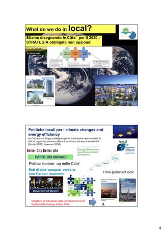4
What do we do in local?
Stiamo disegnando le Citta’ per il 2020 :
STRATEGIA obbligata non opzione!
Reti di citta’ europee verso laReti di citta’ europee verso la
Low Carbon economyLow Carbon economy
Politica bottom- up nelle Citta’
Think global act local
Obiettivo di riduzione delle emissioni di CO2
Sustainable Energy Action Plan
Le Città sono il luogo privilegiato per la transizione verso modelli di
vita, di organizzazione sociale e di consumo più equi e sostenibili
(Suzuki 2010, Newman 2008).
Politiche locali per i climate changes and
energy efficiency
TLC Water
Mobility PublicAdministration
ICT
Gasgrid
ElectricgridWaste
Buildings
Educationand
behaviour
Energyandrenewable
sources
 