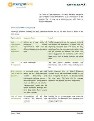 Smart Cities Page 19
The Centre of Operations was a PPP with IBM who invested a
significant proportion of the finance as a demonstrator of the
concept. The city now has a service contract with them to
support the system.
Conclusion and Measuring Impact
The major problems faced by Rio, steps taken to transform the city and their impact is shown in the
table below.
Past Problems Measures Taken Result
Lack of
Coordination
between
various
authorities
Setting up of new Centre of
Operations houses
representatives from over 30
different departments at any one
time.
Traffic management, and the response time and
coordination of emergency incidents have all
improved. Residents also have access to daily
data feeds from the command center, where they
can get updates on weather and traffic and
receive suggestions for alternative routes when
large events such as soccer matches are taking
place.
Lack of
Transparency
Open Data Project The data portal provides in-depth city
information, such as crime rates, mortality rates
etc.
Slow response
time to Natural
Disasters
A command center was built
which set up a high-resolution
weather forecasting and
hydrological modeling system —
which can predict heavy rains as
much as 48 hours in advance.
Transportation issues can be
better monitored through real-
time data culled from sensors
and video cameras.
Better response time to Natural Disasters.
Garbage trucks are coordinated through GPS, so
in an emergency the trucks can be re-purposed
for other tasks. This helps the city manage
resources and improve efficiency of response.
Lack of Smart
Infrastructure
Re-negotiation of all City
Contracts and awarding new
contracts
Enabled the city to incorporate new smart city
technologies and developed more effective ways
of operating the city.
 