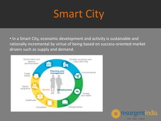 Smart City
• In a Smart City, economic development and activity is sustainable and
rationally incremental by virtue of being based on success-oriented market
drivers such as supply and demand.
 