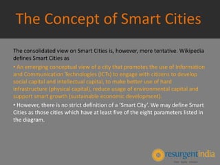 The Concept of Smart Cities
The consolidated view on Smart Cities is, however, more tentative. Wikipedia
defines Smart Cities as
• An emerging conceptual view of a city that promotes the use of Information
and Communication Technologies (ICTs) to engage with citizens to develop
social capital and intellectual capital, to make better use of hard
infrastructure (physical capital), reduce usage of environmental capital and
support smart growth (sustainable economic development).
• However, there is no strict definition of a ‘Smart City’. We may define Smart
Cities as those cities which have at least five of the eight parameters listed in
the diagram.
 