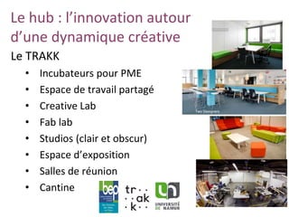 www.unamur.be
Le hub : l’innovation autour
d’une dynamique créative
Le TRAKK
• Incubateurs pour PME
• Espace de travail partagé
• Creative Lab
• Fab lab
• Studios (clair et obscur)
• Espace d’exposition
• Salles de réunion
• Cantine
Two Designers
 
