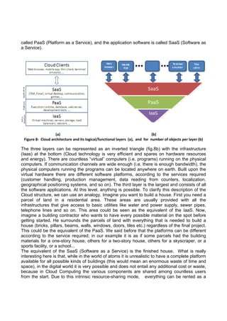 called PaaS (Platform as a Service), and the application software is called SaaS (Software as
a Service).
 

     (a)                                                                                                   (b) 
Figure 8‐  Cloud architecture and its logical/functional layers  (a),  and  for  number of objects per layer (b) 

The three layers can be represented as an inverted triangle (fig.8b) with the infrastructure
(Iaas) at the bottom (Cloud technology is very efficient and spares on hardware resources
and energy). There are countless “virtual” computers (i.e. programs) running on the physical
computers. If communication channels are wide enough (i.e. there is enough bandwidth), the
physical computers running the programs can be located anywhere on earth. Built upon the
virtual hardware there are different software platforms, according to the services required
(customer handling, production management, data reading from counters, localization,
geographical positioning systems, and so on). The third layer is the largest and consists of all
the software applications. At this level, anything is possible. To clarify this description of the
Cloud structure, we can use an analogy. Imagine you want to build a house. First you need a
parcel of land in a residential area. These areas are usually provided with all the
infrastructures that give access to basic utilities like water and power supply, sewer pipes,
telephone lines and so on. This area could be seen as the equivalent of the IaaS. Now,
imagine a building contractor who wants to have every possible material on the spot before
getting started. He surrounds the parcels of land with everything that is needed to build a
house (bricks, pillars, beams, walls, windows, doors, tiles etc.) regardless of the final project.
This could be the equivalent of the PaaS. We said before that the platforms can be different
according to the service required; in our example it is as if some parcels had the building
materials for a one-story house, others for a two-story house, others for a skyscraper, or a
sports facility, or a school...
The equivalent of the SaaS (Software as a Service) is the finished house. What is really
interesting here is that, while in the world of atoms it is unrealistic to have a complete platform
available for all possible kinds of buildings (this would mean an enormous waste of time and
space), in the digital world it is very possible and does not entail any additional cost or waste,
because in Cloud Computing the various components are shared among countless users
from the start. Due to this intrinsic resource-sharing mode, everything can be rented as a

 