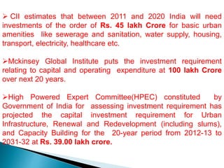  CII estimates that between 2011 and 2020 India will need
investments of the order of Rs. 45 lakh Crore for basic urban
amenities like sewerage and sanitation, water supply, housing,
transport, electricity, healthcare etc.
Mckinsey Global Institute puts the investment requirement
relating to capital and operating expenditure at 100 lakh Crore
over next 20 years.
High Powered Expert Committee(HPEC) constituted by
Government of India for assessing investment requirement has
projected the capital investment requirement for Urban
Infrastructure, Renewal and Redevelopment (including slums),
and Capacity Building for the 20-year period from 2012-13 to
2031-32 at Rs. 39.00 lakh crore.
 