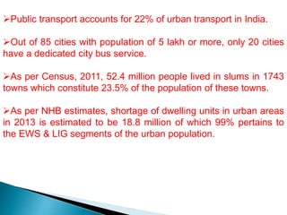 Public transport accounts for 22% of urban transport in India.
Out of 85 cities with population of 5 lakh or more, only 20 cities
have a dedicated city bus service.
As per Census, 2011, 52.4 million people lived in slums in 1743
towns which constitute 23.5% of the population of these towns.
As per NHB estimates, shortage of dwelling units in urban areas
in 2013 is estimated to be 18.8 million of which 99% pertains to
the EWS & LIG segments of the urban population.
 