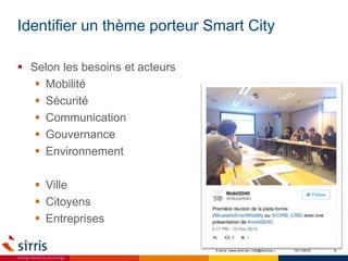 Identifier un thème porteur Smart City
10/11/2015 8
 Selon les besoins et acteurs
 Mobilité
 Sécurité
 Communication
 Gouvernance
 Environnement
 Ville
 Citoyens
 Entreprises
© sirris | www.sirris.be | info@sirris.be |
 