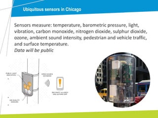 Ubiquitous sensors in Chicago
Sensors measure: temperature, barometric pressure, light,
vibration, carbon monoxide, nitrogen dioxide, sulphur dioxide,
ozone, ambient sound intensity, pedestrian and vehicle traffic,
and surface temperature.
Data will be public
 