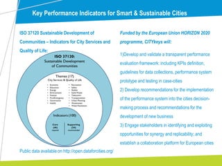 Key Performance Indicators for Smart & Sustainable Cities
ISO 37120 Sustainable Development of
Communities – Indicators for City Services and
Quality of Life:
Public data available on http://open.dataforcities.org/
Funded by the European Union HORIZON 2020
programme, CITYkeys will:
1)Develop and validate a transparent performance
evaluation framework: including KPIs definition,
guidelines for data collections, performance system
prototype and testing in case-cities
2) Develop recommendations for the implementation
of the performance system into the cities decision-
making process and recommendations for the
development of new business
3) Engage stakeholders in identifying and exploiting
opportunities for synergy and replicability; and
establish a collaboration platform for European cities
 