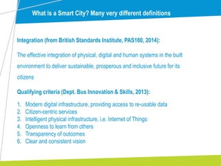 What is a Smart City? Many very different definitions
Integration (from British Standards Institute, PAS180, 2014):
The effective integration of physical, digital and human systems in the built
environment to deliver sustainable, prosperous and inclusive future for its
citizens
Qualifying criteria (Dept. Bus Innovation & Skills, 2013):
1. Modern digital infrastructure, providing access to re-usable data
2. Citizen-centric services
3. Intelligent physical infrastructure, i.e. Internet of Things
4. Openness to learn from others
5. Transparency of outcomes
6. Clear and consistent vision
 
