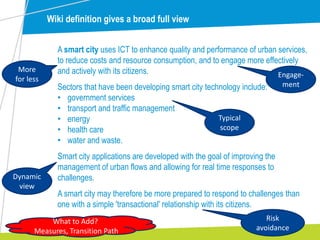 Wiki definition gives a broad full view
A smart city uses ICT to enhance quality and performance of urban services,
to reduce costs and resource consumption, and to engage more effectively
and actively with its citizens.
Sectors that have been developing smart city technology include:
• government services
• transport and traffic management
• energy
• health care
• water and waste.
Smart city applications are developed with the goal of improving the
management of urban flows and allowing for real time responses to
challenges.
A smart city may therefore be more prepared to respond to challenges than
one with a simple 'transactional' relationship with its citizens.
More
for less
Engage-
ment
Typical
scope
Dynamic
view
Risk
avoidance
What to Add?
Measures, Transition Path
 