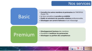 Nos  services
• Connaître	
  les	
  autres	
  membres	
  et	
  partenaires	
  de	
  l'INFOPOLE	
  
Cluster	
  TIC,	
  
• Se	
  faire	
  connaître	
  et	
  accroître	
  sa	
  visibilité	
  
• Etablir	
  et	
  entretenir	
  de	
  nouvelles	
  rela&ons	
  professionnelles	
  
• Développer	
  son	
  carnet	
  d'adresses	
  et	
  son	
  réseautage	
  
Basic	
  	
  
• Développement	
  business	
  des	
  membres	
  
• Possibilité	
  d’améliorer	
  les	
  partenariats	
  
• Développer	
  ou	
  parfaire	
  des	
  compétences	
  Premium	
  	
  
Nos services
 