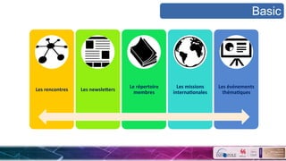 Les	
  rencontres	
   Les	
  newslePers	
  
Le	
  répertoire	
  
membres	
  
Les	
  missions	
  
interna&onales	
  
Les	
  événements	
  
théma&ques	
  
Basic
 