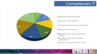 8%	
  
11%	
  
12%	
  
13%	
  
17%	
  
18%	
  
21%	
   Cryptographie,	
  gesSon	
  de	
  la	
  sécurité	
  
SoluSons	
  VoIP,	
  ouSls	
  collaboraSfs	
  
HosSng,	
  Grid-­‐	
  and	
  Cloud-­‐compuSng,	
  virtualisaSon	
  
Equipements	
  et	
  Services	
  réseaux	
  
ApplicaSons	
  mobiles,	
  embarquées	
  et	
  systèmes	
  
intelligents	
  
Dev	
  Logiciels	
  -­‐	
  Web,	
  portails,	
  markeSng	
  et	
  
communicaSon	
  
Dev	
  Logiciels	
  -­‐	
  ApplicaSon	
  mulS-­‐Sers	
  /	
  méSers	
  
Compétences IT
 