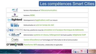 Services	
  informaSques	
  et	
  Télecommunica&on	
  
SoluSons	
  M2M	
  
Développement	
  d’applica&ons	
  web	
  sur	
  mesure	
  
GéolocalisaSon	
  et	
  suivi	
  en	
  temps	
  de	
  réel	
  
WarmUp,	
  plateforme	
  cloud	
  de	
  simula&on	
  et	
  d'analyse	
  thermique	
  de	
  bâ&ments	
  
AdministraSon	
  système	
  et	
  réseau,	
  hébergement	
  de	
  haute	
  qualité,	
  téléphonie	
  VoIP	
  
Centre	
  d'Excellence	
  en	
  Technologies	
  de	
  l'InformaSon	
  et	
  de	
  la	
  CommunicaSon	
  
Plateforme	
  Wiﬁ	
  interacSve,	
  collaboraSve	
  et	
  applicaSve	
  
Les compétences Smart Cities
 