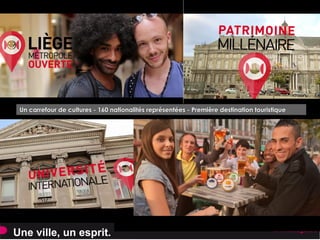 Une ville, un esprit.
6 international
motorways
LIEGE, une Ville ouverte d’esprit
Un carrefour de cultures
160 nationalités représentées
Première destination touristique
 