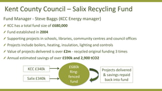 Fund Manager - Steve Baggs (KCC Energy manager)
KCC has a total fund size of £680,000
Fund established in 2004
Supporting projects in schools, libraries, community centres and council offices
Projects include boilers, heating, insulation, lighting and controls
Value of projects delivered is over £2m - recycled original funding 3 times
Annual estimated savings of over £590k and 2,900 tCO2
Kent County Council – Salix Recycling Fund
£680k
Ring-
fenced
fund
KCC £340k
Salix £340k
Projects delivered
& savings repaid
back into fund
 