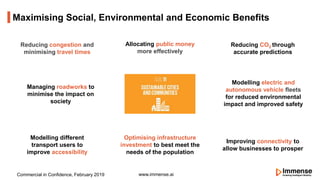 Maximising Social, Environmental and Economic Benefits
www.immense.ai
Reducing congestion and
minimising travel times
Improving connectivity to
allow businesses to prosper
Managing roadworks to
minimise the impact on
society
Modelling electric and
autonomous vehicle fleets
for reduced environmental
impact and improved safety
Reducing CO2 through
accurate predictions
Modelling different
transport users to
improve accessibility
Allocating public money
more effectively
Optimising infrastructure
investment to best meet the
needs of the population
Commercial in Confidence, February 2019
 