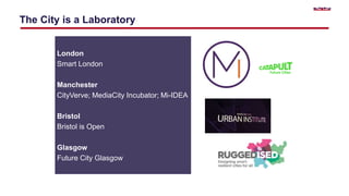 The City is a Laboratory
London
Smart London
Manchester
CityVerve; MediaCity Incubator; Mi-IDEA
Bristol
Bristol is Open
Glasgow
Future City Glasgow
 