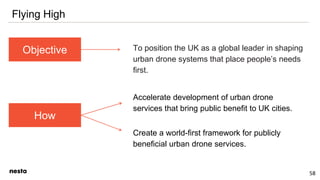 58
Flying High
Accelerate development of urban drone
services that bring public benefit to UK cities.
Create a world-first framework for publicly
beneficial urban drone services.
How
Objective To position the UK as a global leader in shaping
urban drone systems that place people’s needs
first.
 