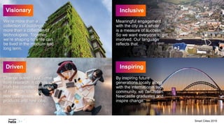 Visionary Inclusive
Driven Inspiring
We’re more than a
collection of buildings,
more than a collection of
technologists. Together,
we’re shaping how life can
be lived in the medium and
long term.
Meaningful engagement
with the city as a whole
is a measure of success.
So we want everyone to get
involved. Our language
reflects that.
Change doesn’t just come
from research. It comes
from the commercialisation
of research, creating
new businesses, new
products and new jobs.
By inspiring future
generations locally along
with the international tech
community, we can retain
Newcastle graduates and
inspire change.
Smart Cities 2019
 