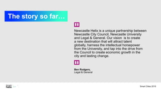 Newcastle Helix is a unique partnership between
Newcastle City Council, Newcastle University
and Legal & General. Our vision is to create
a new destination that will attract talent
globally, harness the intellectual horsepower
from the University, and tap into the drive from
the Council to create economic growth in the
city and lasting change.
Ben Rodgers,
Legal & General
The story so far…
Smart Cities 2019
 