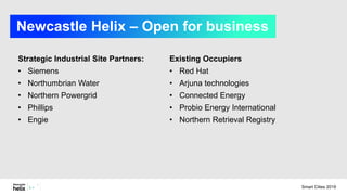 Strategic Industrial Site Partners:
• Siemens
• Northumbrian Water
• Northern Powergrid
• Phillips
• Engie
Existing Occupiers
• Red Hat
• Arjuna technologies
• Connected Energy
• Probio Energy International
• Northern Retrieval Registry
Newcastle Helix – Open for business
Smart Cities 2019
 