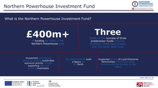 www.npif.co.uk
How it works – Funds available to SMEs
Northern Powerhouse Investment Fund
Equity Finance up to
£2m
Debt Fi...