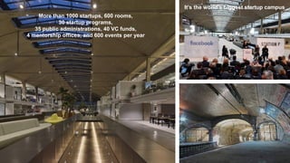 53
More than 1000 startups, 600 rooms,
30 startup programs,
35 public administrations, 40 VC funds,
4 mentorship offices, and 600 events per year
It’s the world’s biggest startup campus
 