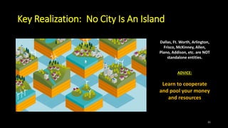 Key Realization: No City Is An Island
31
Dallas, Ft. Worth, Arlington,
Frisco, McKinney, Allen,
Plano, Addison, etc. are NOT
standalone entities.
ADVICE:
Learn to cooperate
and pool your money
and resources
 