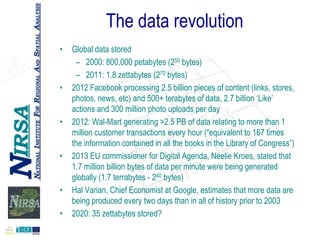 The data revolution
•

•

•

•

•
•

Global data stored
– 2000: 800,000 petabytes (250 bytes)
– 2011: 1.8 zettabytes (270 bytes)
2012 Facebook processing 2.5 billion pieces of content (links, stores,
photos, news, etc) and 500+ terabytes of data, 2.7 billion „Like‟
actions and 300 million photo uploads per day
2012: Wal-Mart generating >2.5 PB of data relating to more than 1
million customer transactions every hour (“equivalent to 167 times
the information contained in all the books in the Library of Congress”)
2013 EU commissioner for Digital Agenda, Neelie Kroes, stated that
1.7 million billion bytes of data per minute were being generated
globally (1.7 terrabytes - 240 bytes)
Hal Varian, Chief Economist at Google, estimates that more data are
being produced every two days than in all of history prior to 2003
2020: 35 zettabytes stored?

 