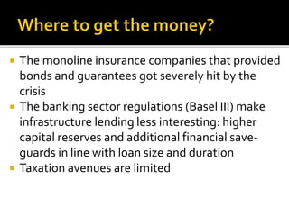  The monoline insurance companies that provided
bonds and guarantees got severely hit by the
crisis
 The banking sector regulations (Basel III) make
infrastructure lending less interesting: higher
capital reserves and additional financial save-
guards in line with loan size and duration
 Taxation avenues are limited
 