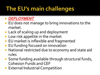  DEPLOYMENT
 EU does not manage to bring innovations to the
market.
 Lack of scaling up and deployment
 Low risk appetite in the market
 EU market is inflexible and fragmented
 EU funding focused on innovation
 National restricted due to economy and state aid
rules
 Some funding available through structural funds,
Cohesion Funds and CEF
 External Industrial Competition
 