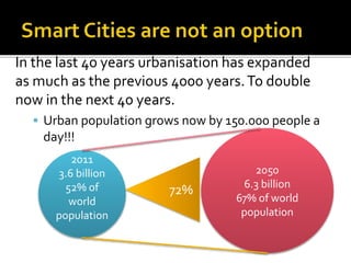 In the last 40 years urbanisation has expanded
as much as the previous 4000 years.To double
now in the next 40 years.
 Urban population grows now by 150.000 people a
day!!!
2011
3.6 billion
52% of
world
population
2050
6.3 billion
67% of world
population
72%
 