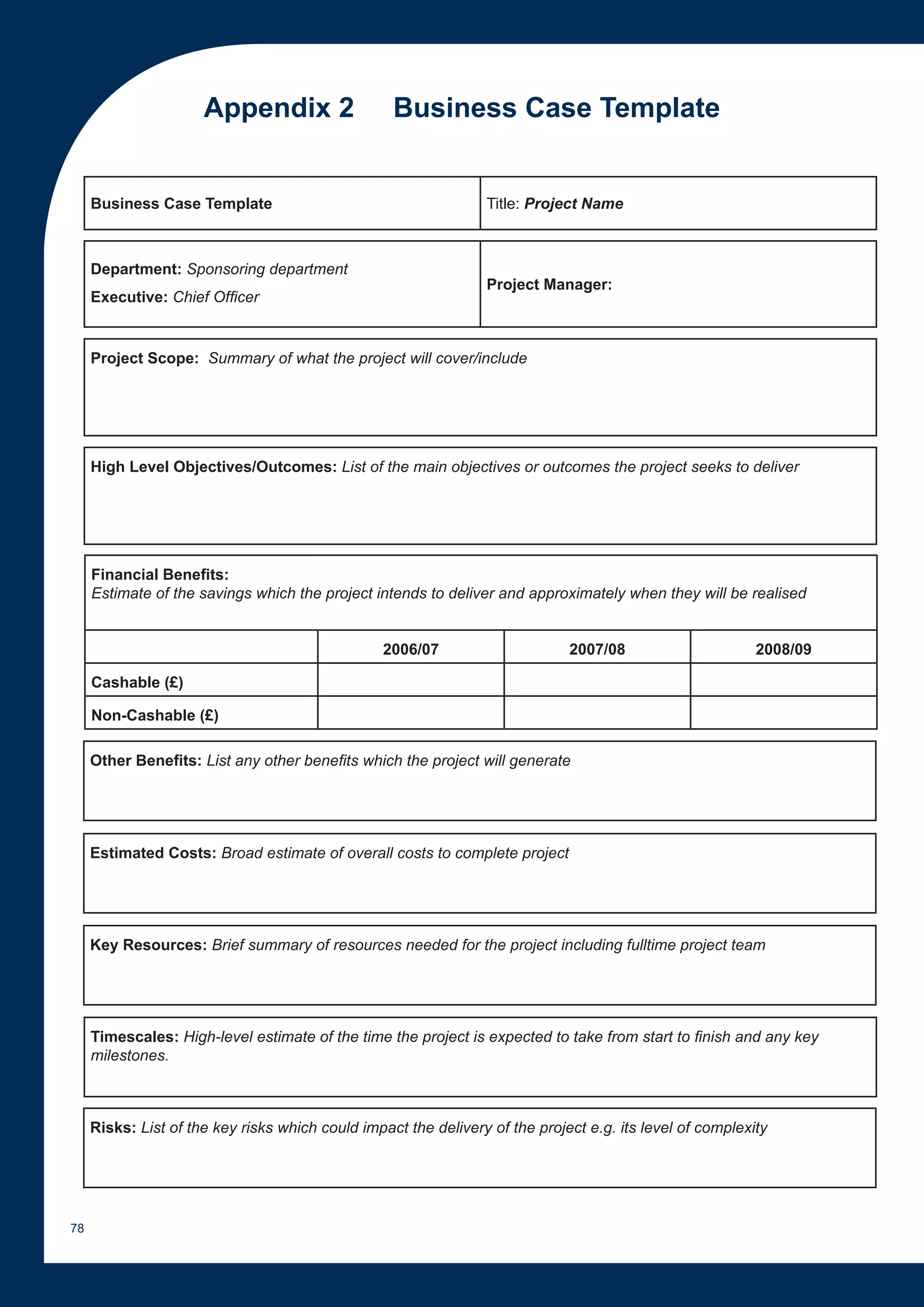 Appendix 2                   Business Case Template


     Business Case Template                                      Title: Project Name



     Department: Sponsoring department
                                                                 Project Manager:
     Executive: Chief Officer


     Project Scope: Summary of what the project will cover/include




     High Level Objectives/Outcomes: List of the main objectives or outcomes the project seeks to deliver




     Financial Benefits:
     Estimate of the savings which the project intends to deliver and approximately when they will be realised


                                                 2006/07                      2007/08                      2008/09

     Cashable (£)

     Non-Cashable (£)

     Other Benefits: List any other benefits which the project will generate




     Estimated Costs: Broad estimate of overall costs to complete project




     Key Resources: Brief summary of resources needed for the project including fulltime project team




     Timescales: High-level estimate of the time the project is expected to take from start to finish and any key
     milestones.



     Risks: List of the key risks which could impact the delivery of the project e.g. its level of complexity




78
 