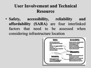 User Involvement and Technical
Resource
• Safety, accessibility, reliability and
affordability (SARA) are four interlinked
factors that need to be assessed when
considering infrastructure location
 