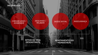 INCÔMODOS:
CHEGAR LOGO /
ANSIEDADE
DESCANSO /
RELAXAR
SAÚDE SOCIAL INSEGURANÇA
RITMO DE VIDA
DESGASTANTE
AFASTAMENTO DO
MUNDO REAL
 