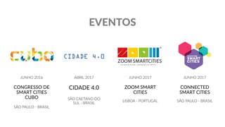 JUNHO 2016
CONGRESSO DE
SMART CITIES
CUBO
SÃO PAULO - BRASIL
ABRIL 2017
CIDADE 4.0
SÃO CAETANO DO
SUL - BRASIL
JUNHO 2017
ZOOM SMART
CITIES
LISBOA - PORTUGAL
JUNHO 2017
CONNECTED
SMART CITIES
SÃO PAULO - BRASIL
EVENTOS
 