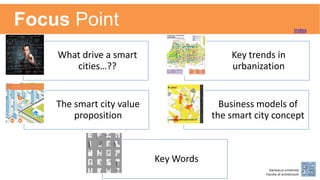 What drive a smart
cities…??
Key trends in
urbanization
The smart city value
proposition
Business models of
the smart city concept
Key Words
Focus Point Index
Damascus university
Faculty of architecture
 