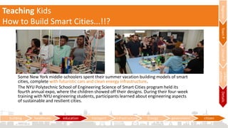 Teaching Kids
How to Build Smart Cities...!!?
RegionalTownPUrbanP
Urban
utilities
Details
Some New York middle-schoolers spent their summer vacation building models of smart
cities, complete with futuristic cars and clean energy infrastructure.
The NYU Polytechnic School of Engineering Science of Smart Cities program held its
fourth annual expo, where the children showed off their designs. During their four-week
training with NYU engineering students, participants learned about engineering aspects
of sustainable and resilient cities.
building healthcare education transport infrastructure Energy government citizen
 