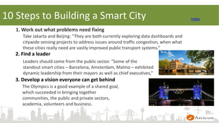 1. Work out what problems need fixing
Take Jakarta and Beijing: “They are both currently exploring data dashboards and
citywide sensing projects to address issues around traffic congestion, when what
these cities really need are vastly improved public transport systems.”
2. Find a leader
Leaders should come from the public sector. “Some of the
standout smart cities – Barcelona, Amsterdam, Malmo – exhibited
dynamic leadership from their mayors as well as chief executives,”
3. Develop a vision everyone can get behind
The Olympics is a good example of a shared goal,
which succeeded in bringing together
communities, the public and private sectors,
academia, volunteers and business.
10 Steps to Building a Smart City Index
 